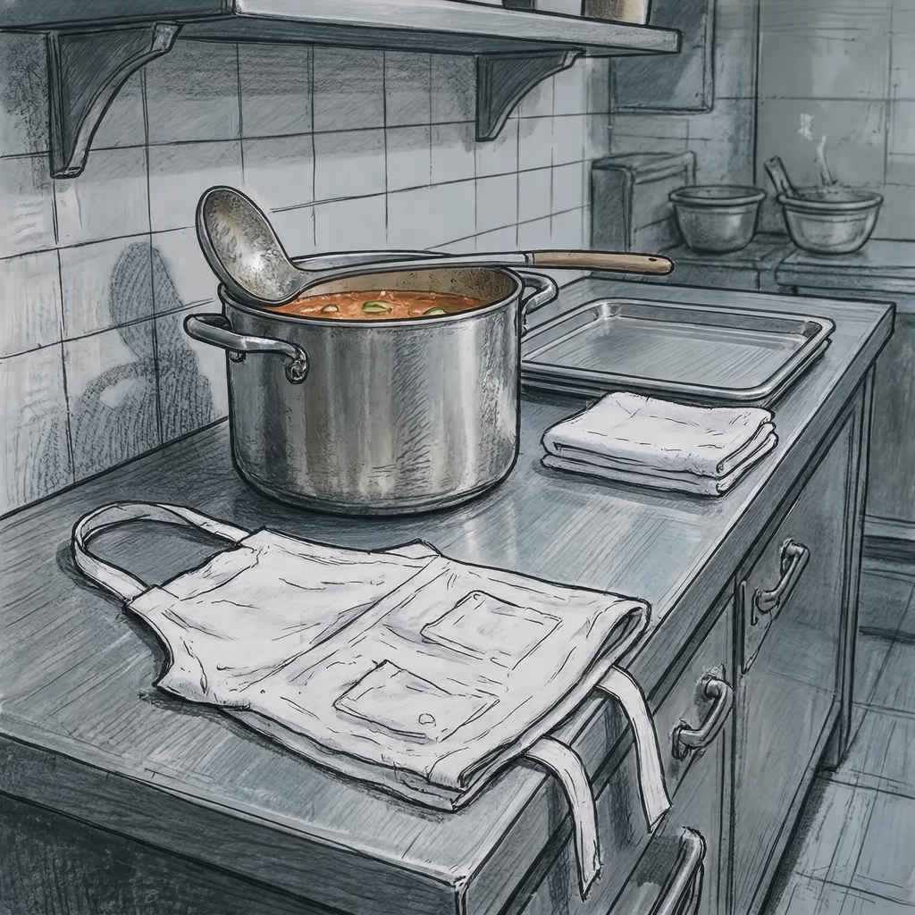 給食の白いエプロンとおたまのイラスト（手描き風）
