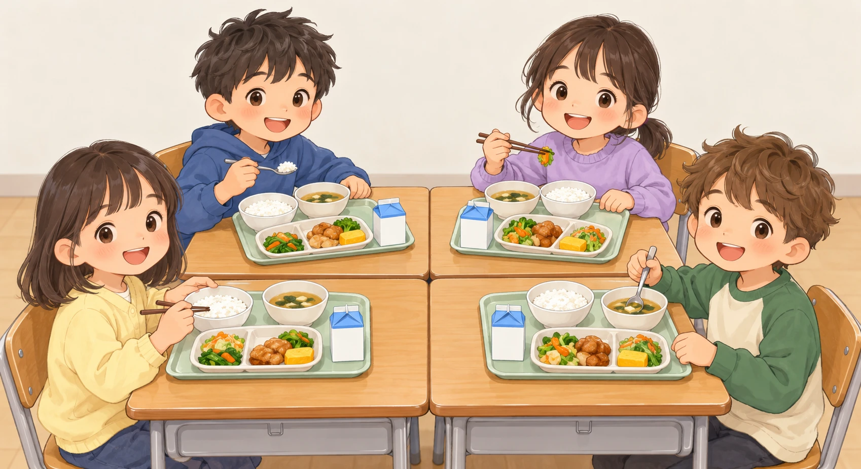 Illustration of children eating school lunch with their desks pushed together (soft pastel)