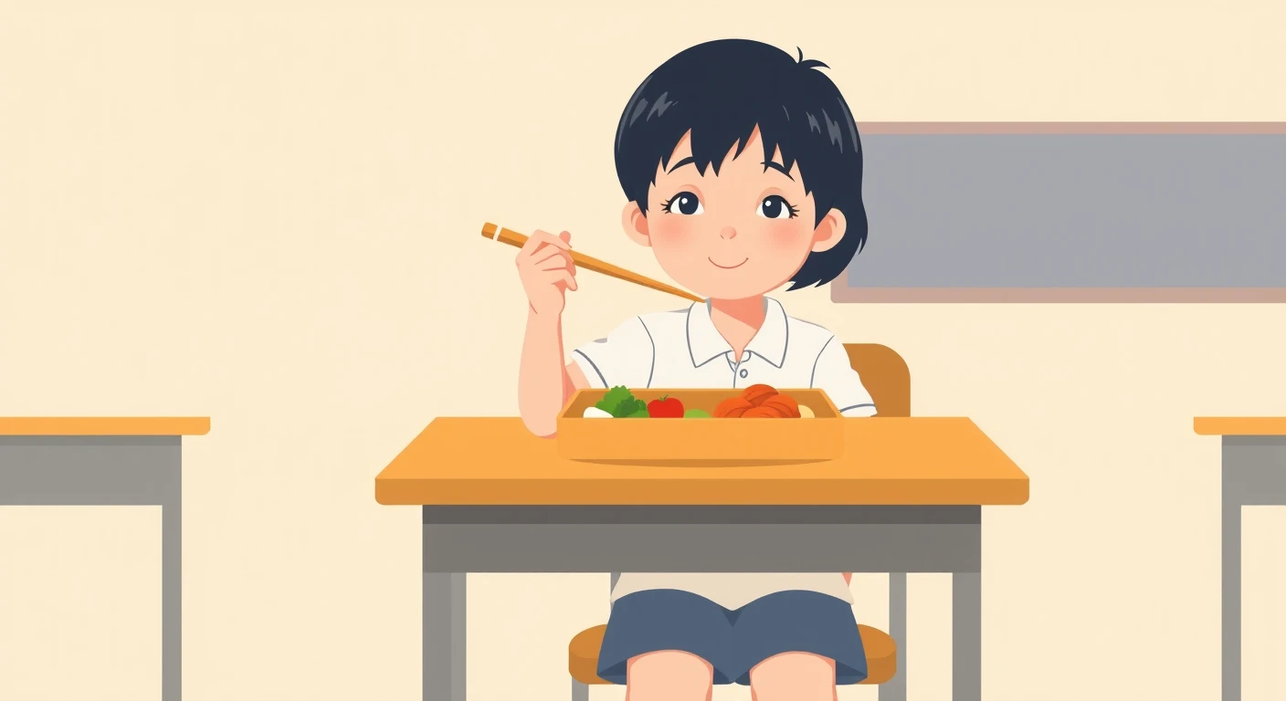 生徒・給食・学校生活・給食トレー・机のイラスト