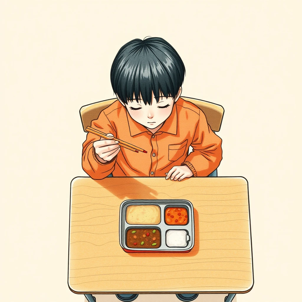 生徒・給食・学校生活・給食トレー・机のイラスト