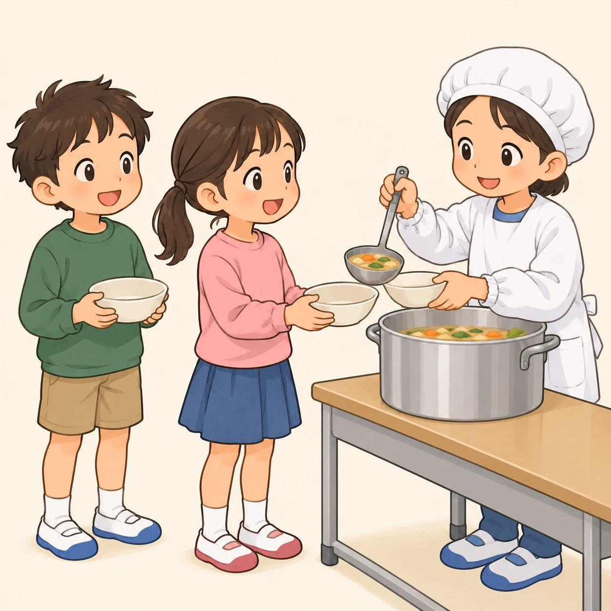Illustration of children lining up for a second helping of school lunch (loose cartoon)