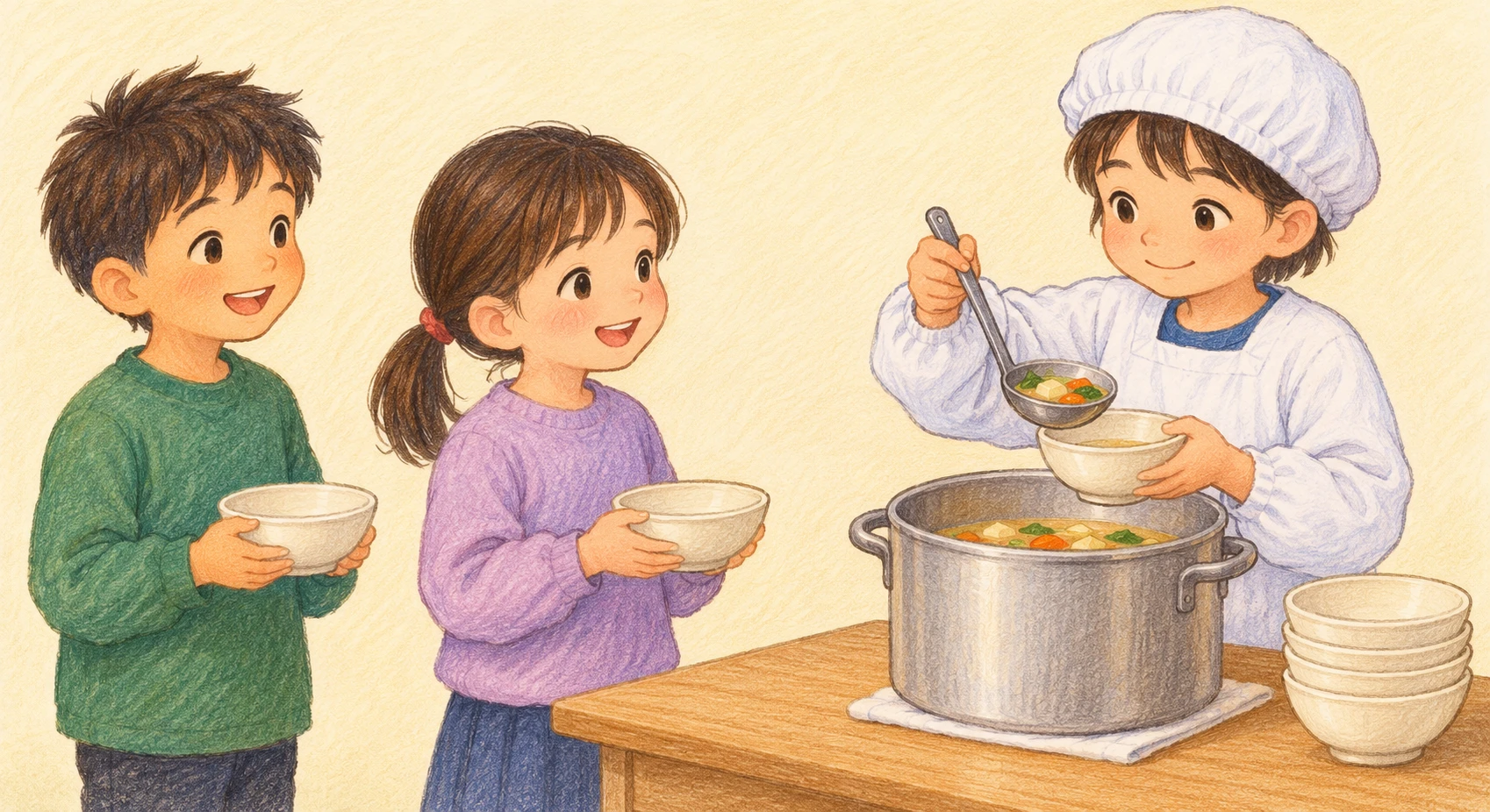 Illustration of children lining up for a second helping of school lunch (colored pencil)