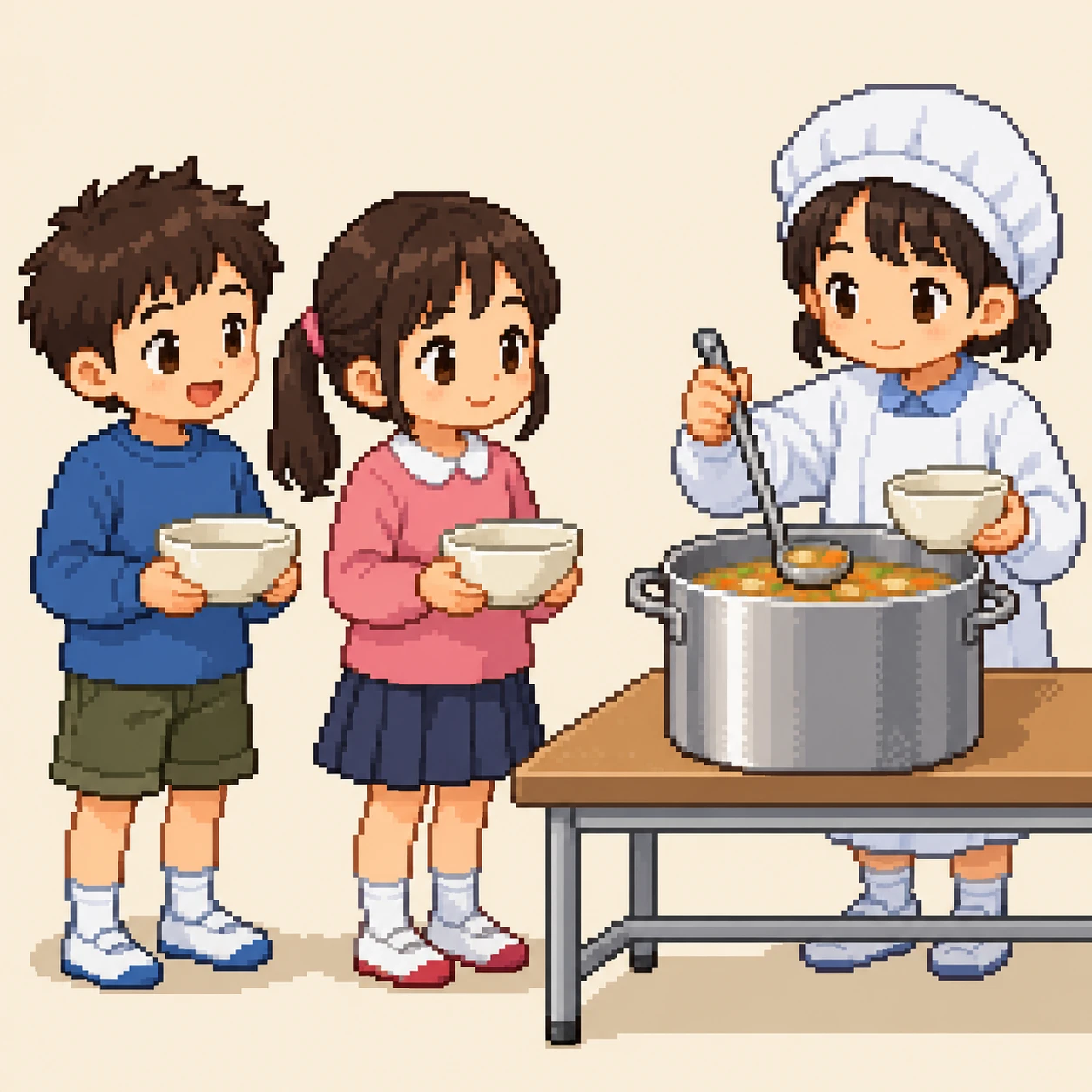 Illustration of children lining up for a second helping of school lunch (pixel art)
