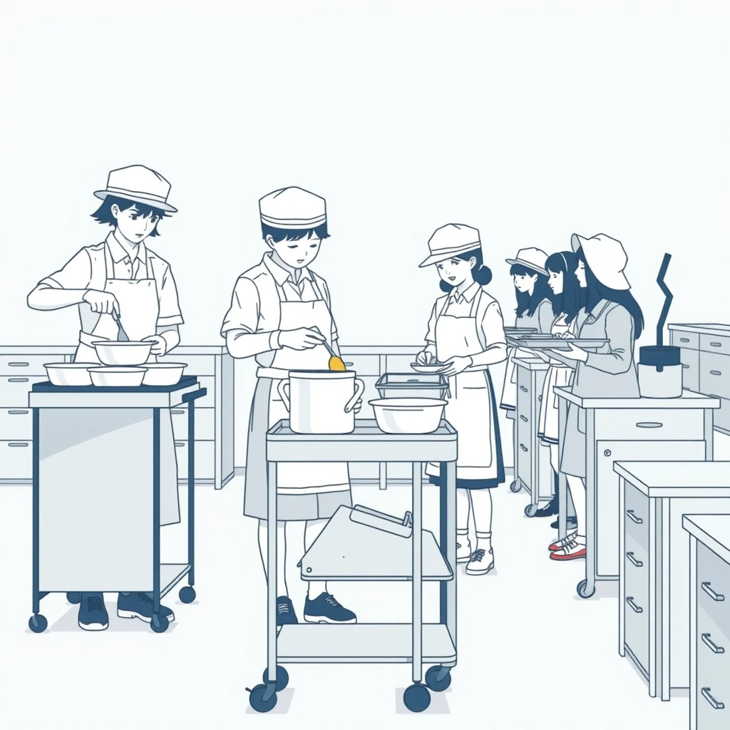 給食当番で配膳をする生徒たちのイラスト