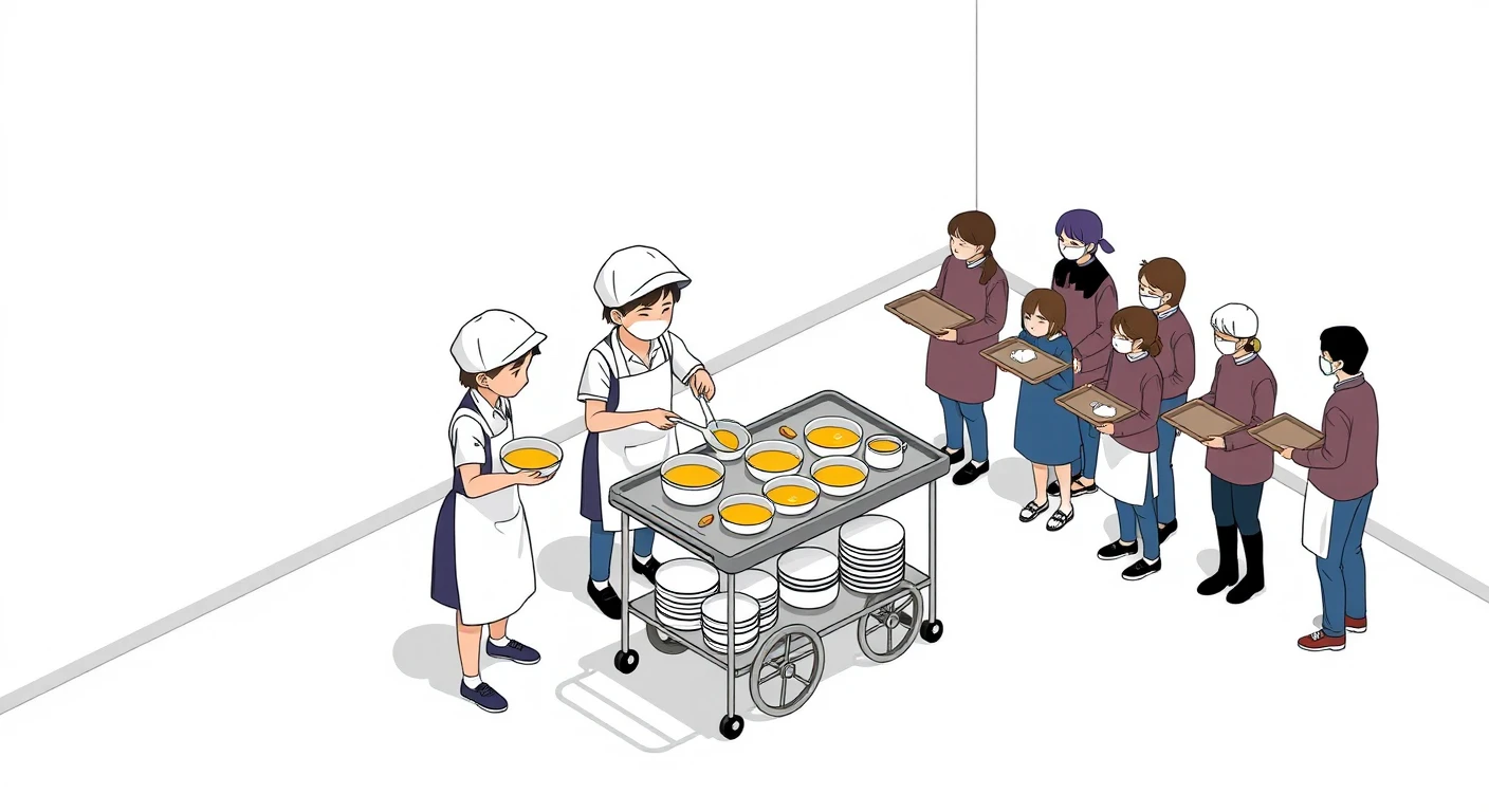 給食当番で配膳をする生徒たちのイラスト
