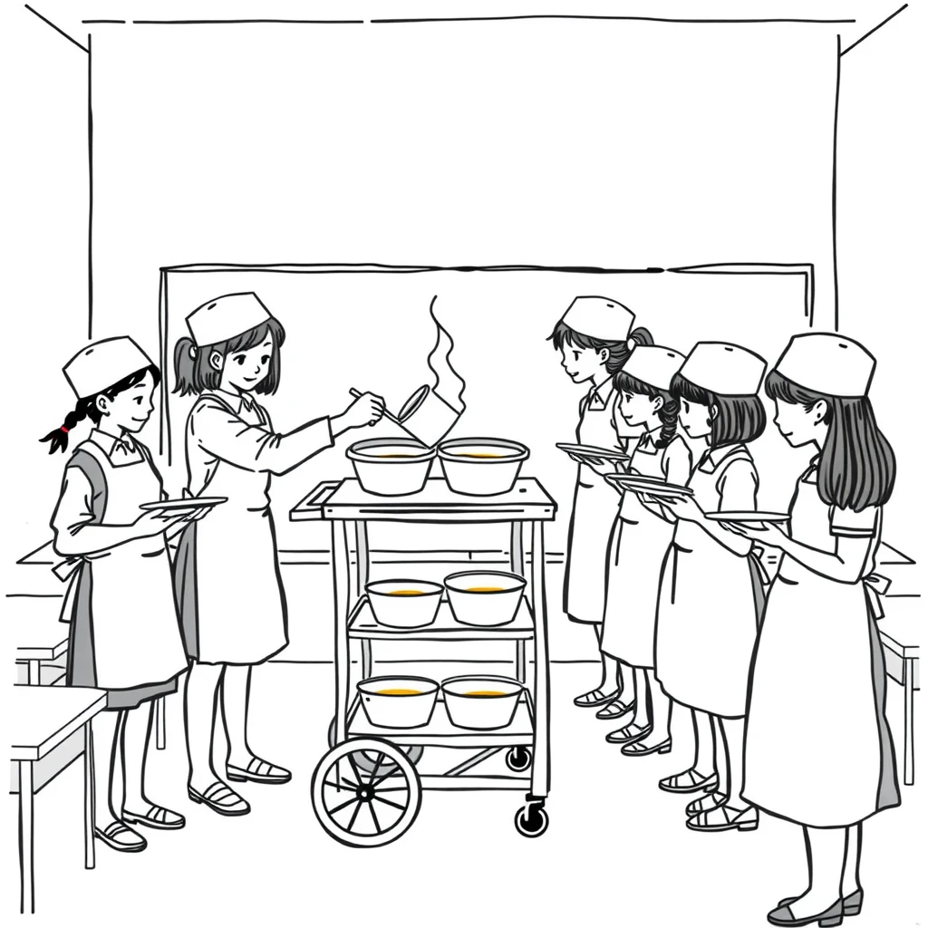 給食当番で配膳をする生徒たちのイラスト