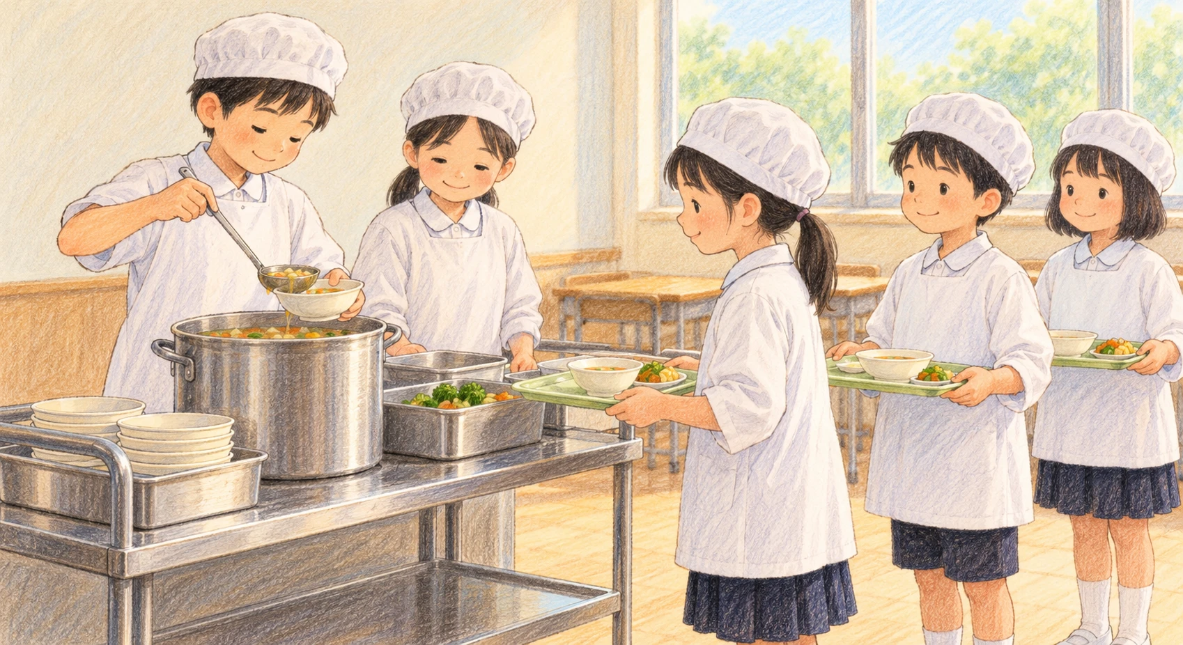 給食当番で配膳をする生徒たちのイラスト(色鉛筆)