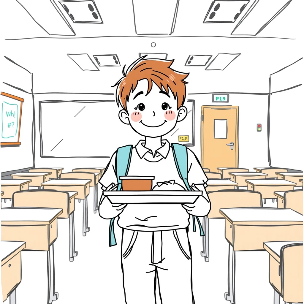給食トレーを持つ生徒の手描き風イラスト