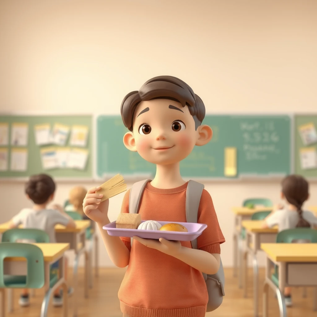 給食トレーを持つ生徒のソフトな3Dイラスト