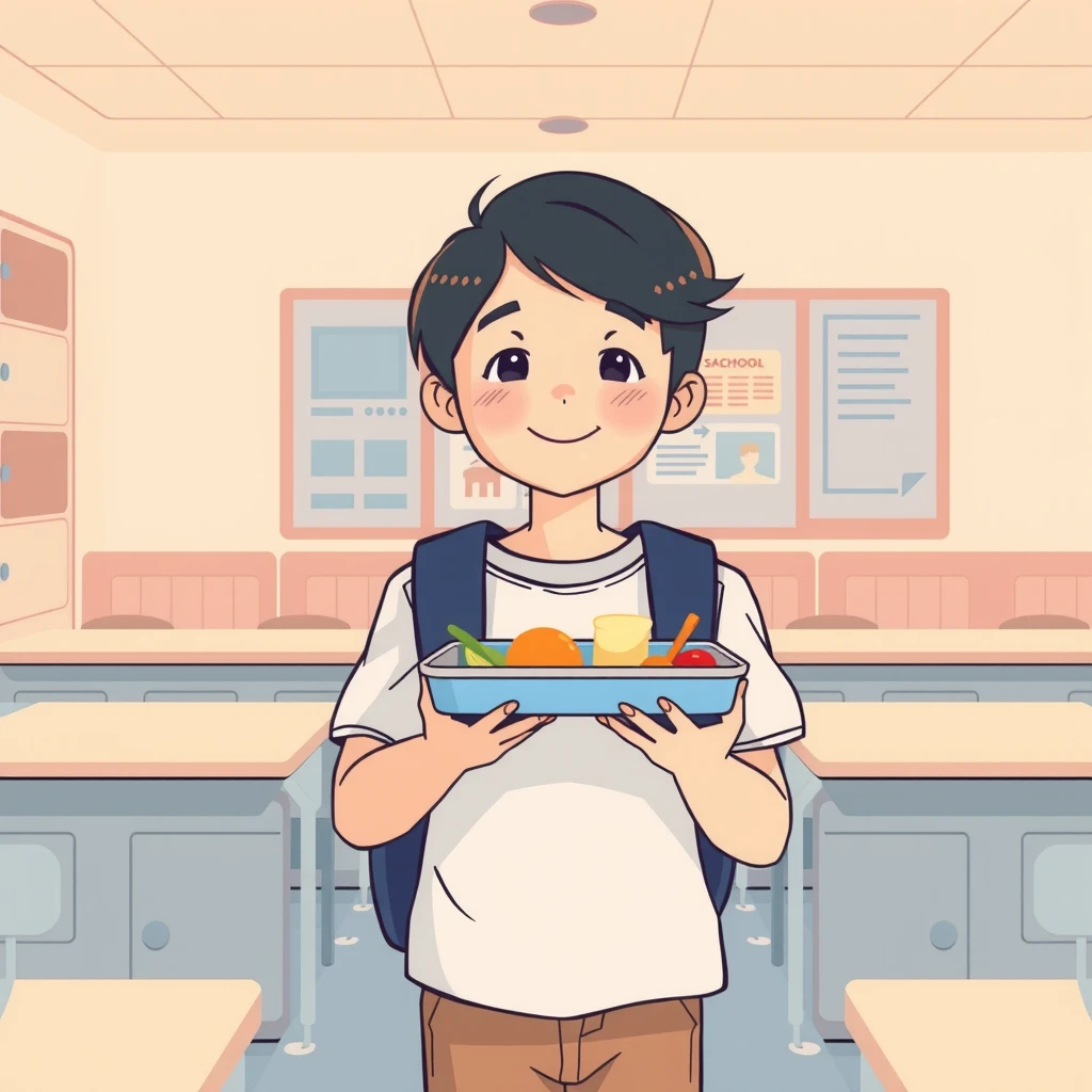給食トレーを持つ生徒のパステル調のイラスト