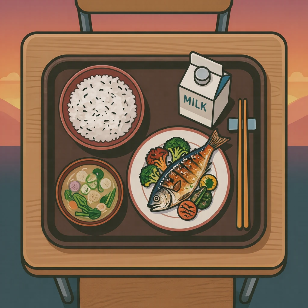 Illustration of a school lunch tray with rice, soup, a side dish and milk (bold graphic)