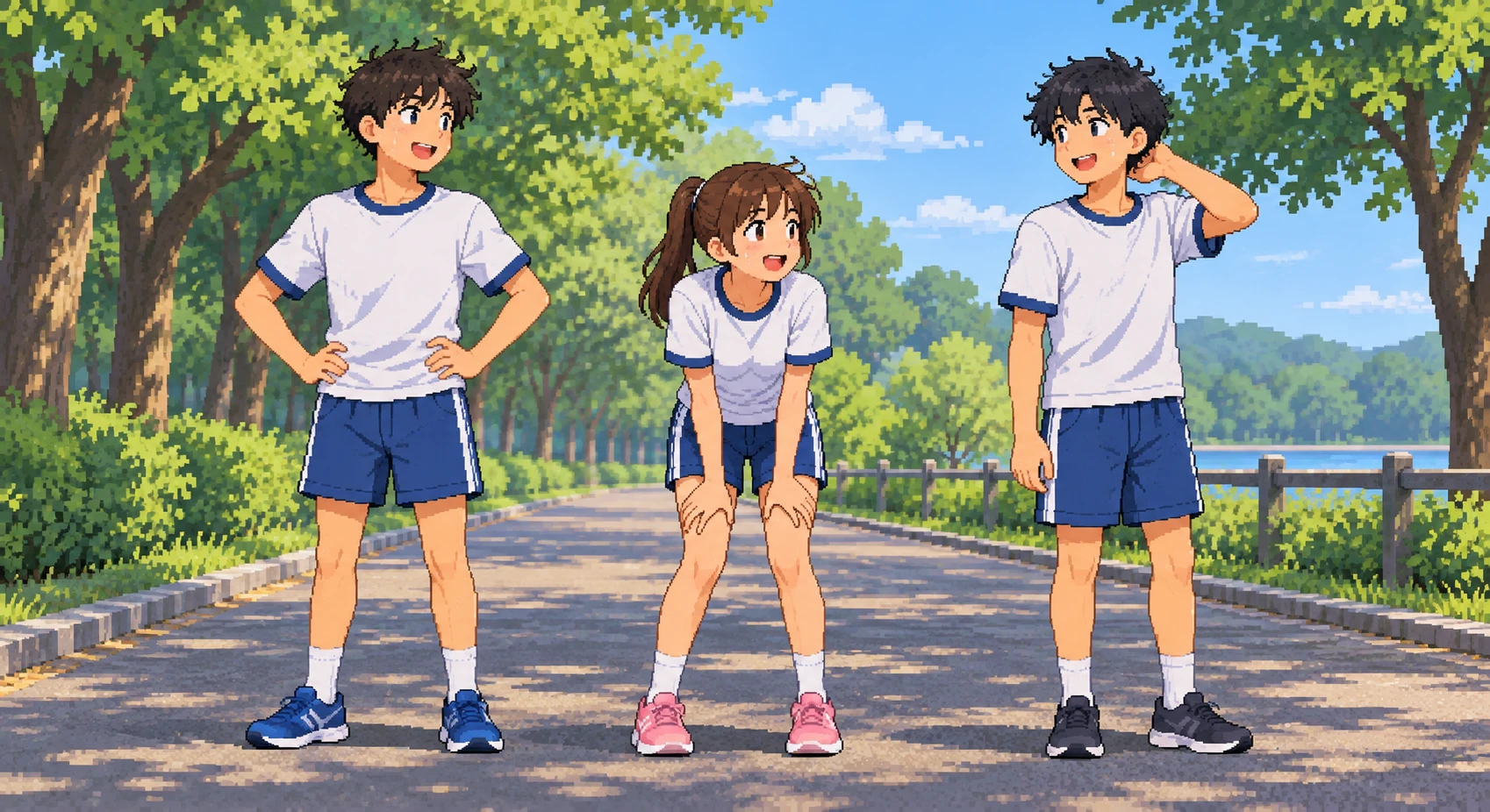 マラソン大会で走る生徒たちのイラスト(ドット絵)