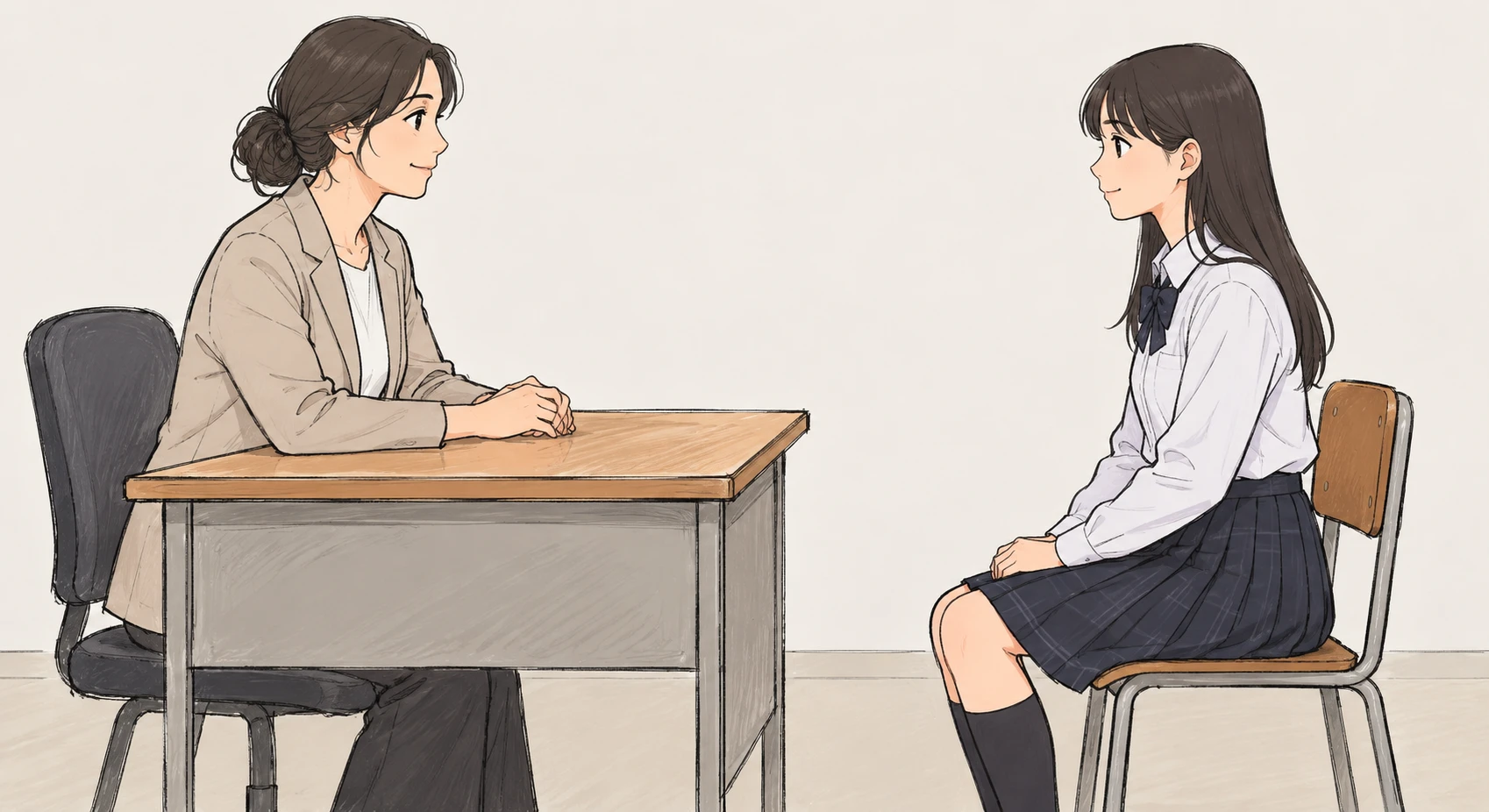 Illustration of a school mock interview with a teacher as interviewer (hand-drawn)