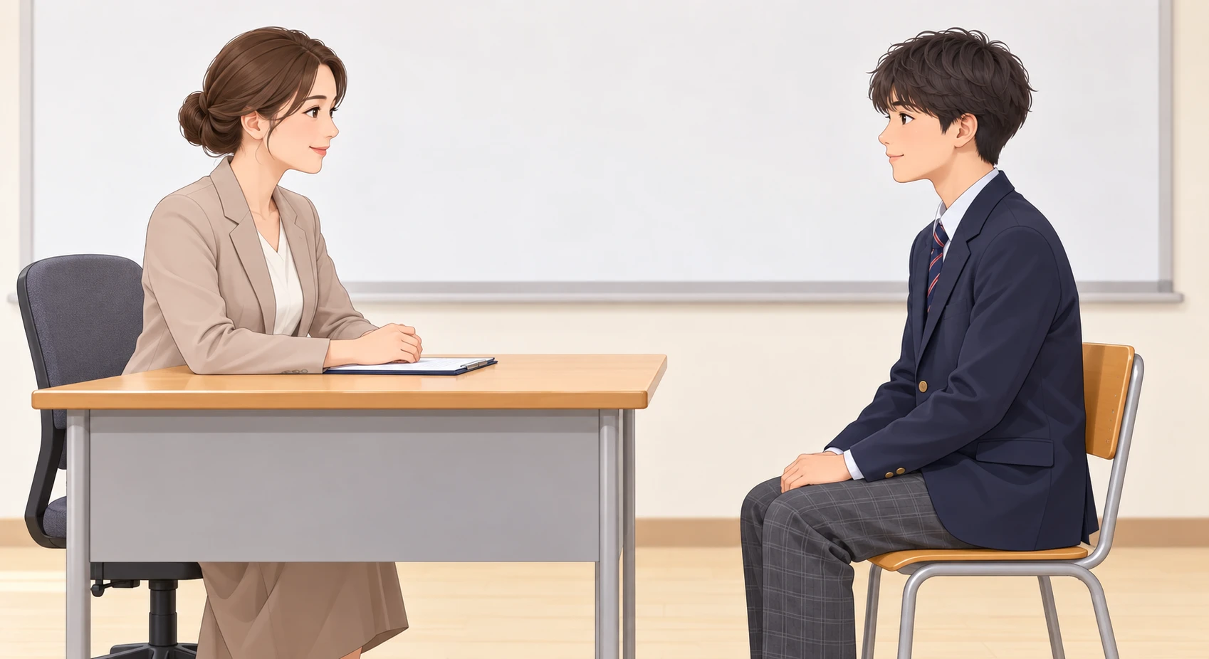 Illustration of a school mock interview with a teacher as interviewer (soft pastel)