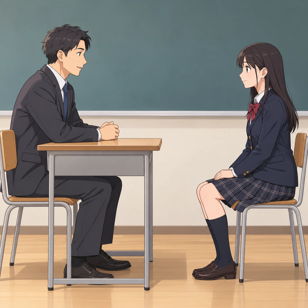 Illustration of a school mock interview with a teacher as interviewer (anime cel-shaded)