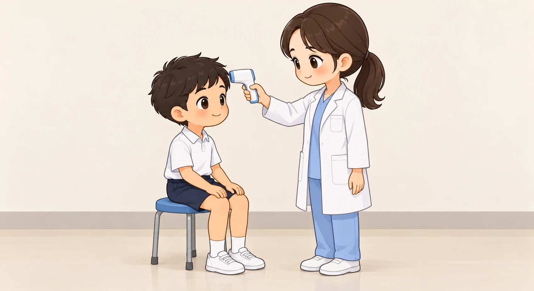 生徒の体温を測る養護教諭のイラスト(デフォルメ)