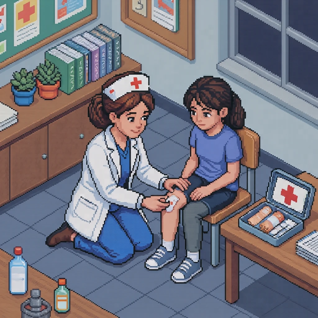 生徒のけがの手当てをする養護教諭のイラスト(ドット絵)