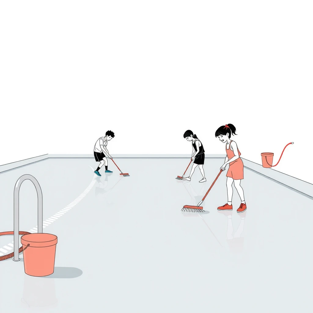 プール掃除でデッキブラシを使う生徒たちのイラスト
