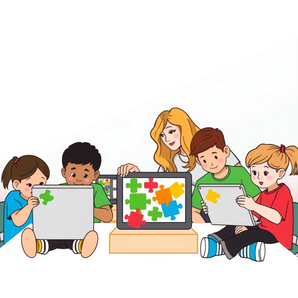 タブレットでプログラミングを学ぶ子どもと先生のポスター風イラスト
