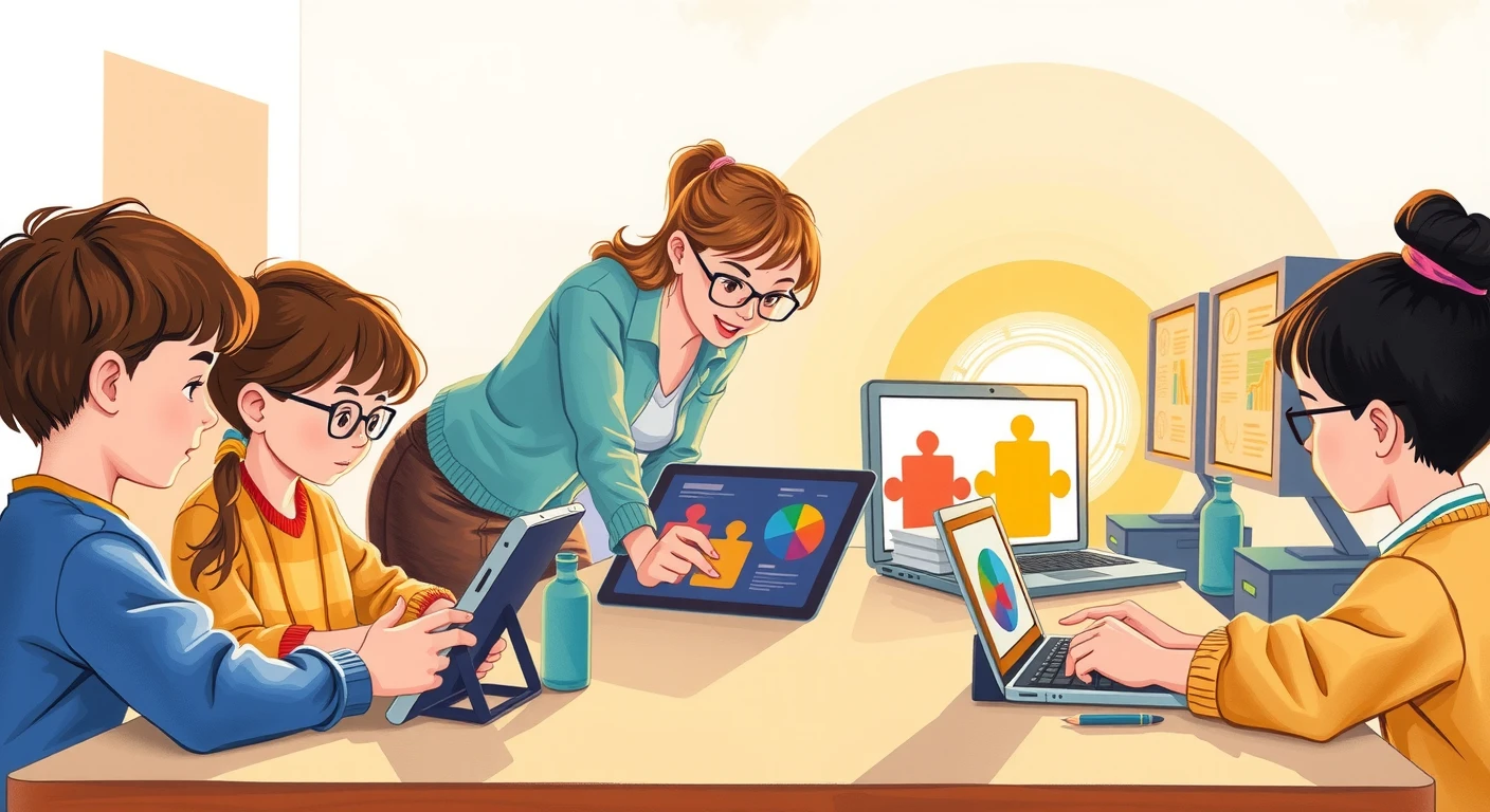 タブレットでプログラミングを学ぶ子どもと先生のグアッシュ画風イラスト