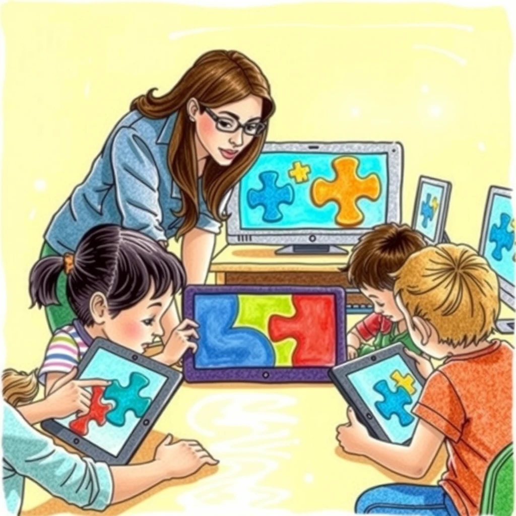 タブレットでプログラミングを学ぶ子どもと先生の色鉛筆風イラスト