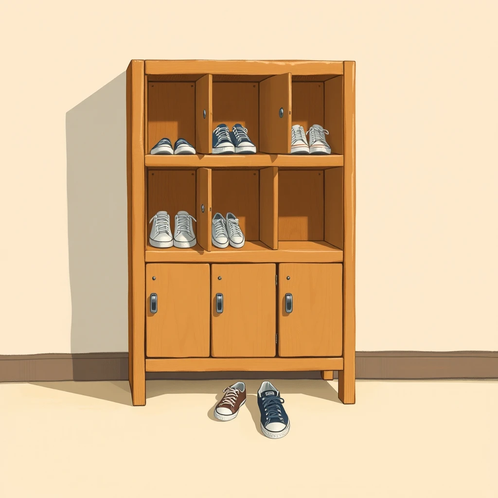 上履きが並ぶ学校の下駄箱のグアッシュ画風イラスト