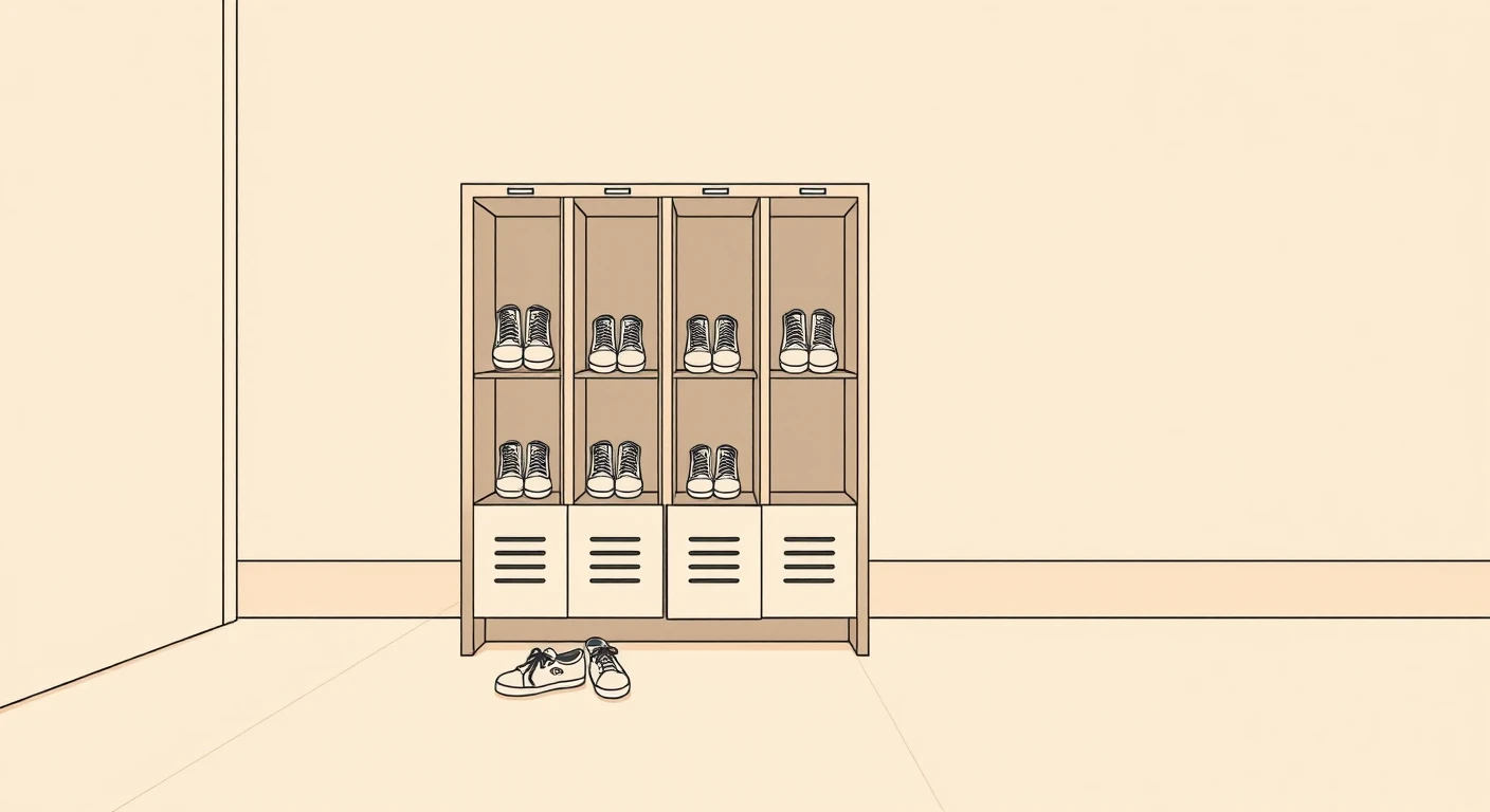 上履きが並ぶ学校の下駄箱のシンプルな線画イラスト