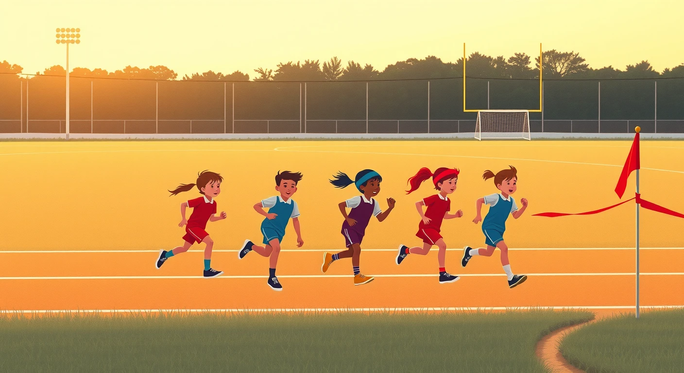 運動会でかけっこをする子どもたちのレトロ印刷風イラスト