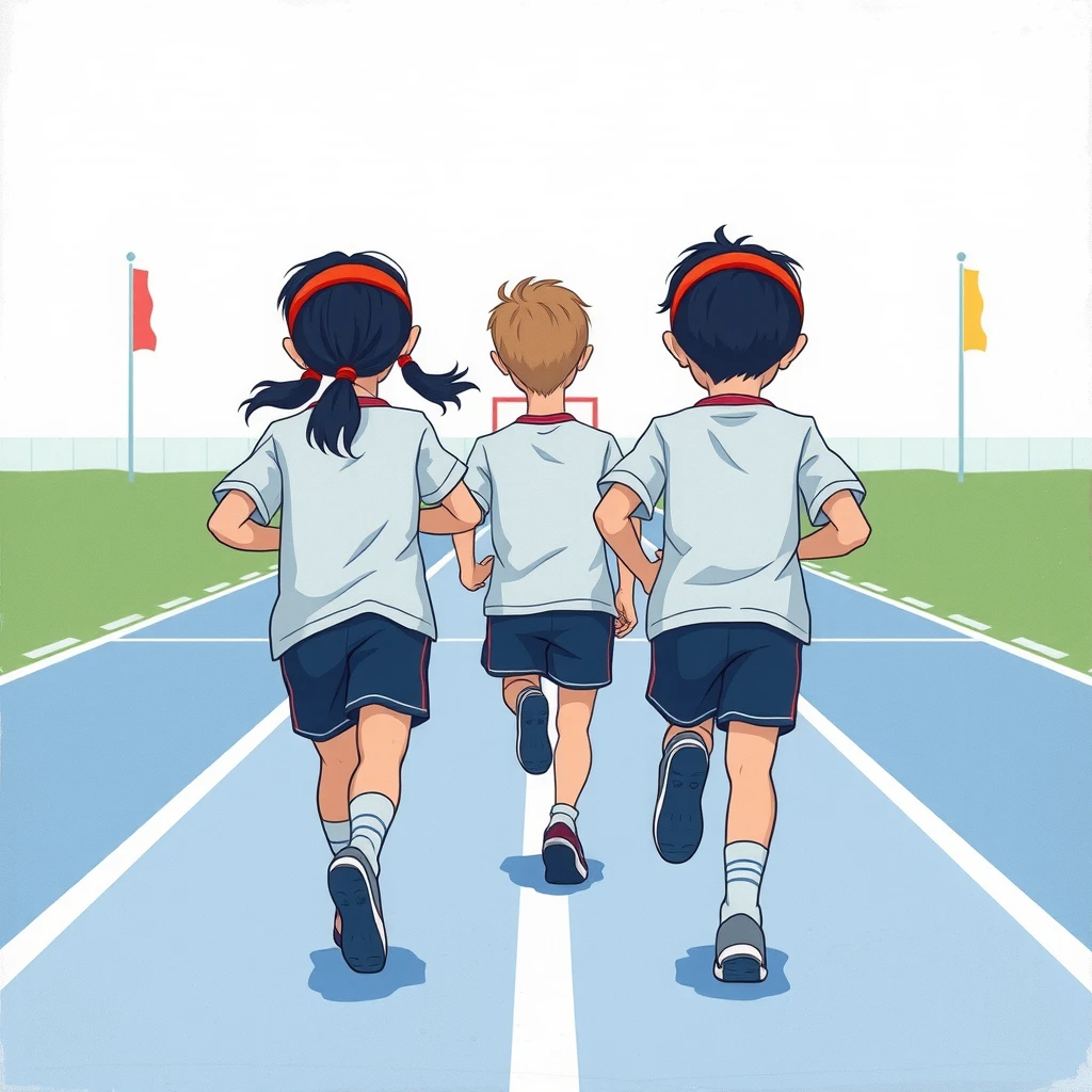 運動会でかけっこをする子どもたちのグアッシュ画風イラスト