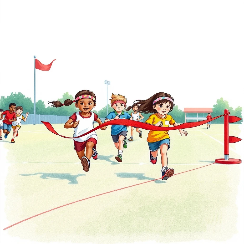 運動会でかけっこをする子どもたちの色鉛筆風イラスト