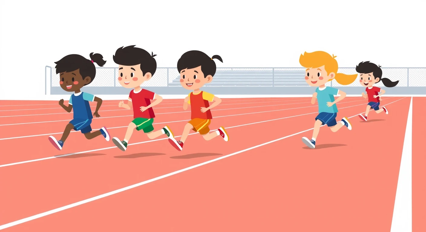 学校の運動会でリレーをする子どもたちのフラットイラスト