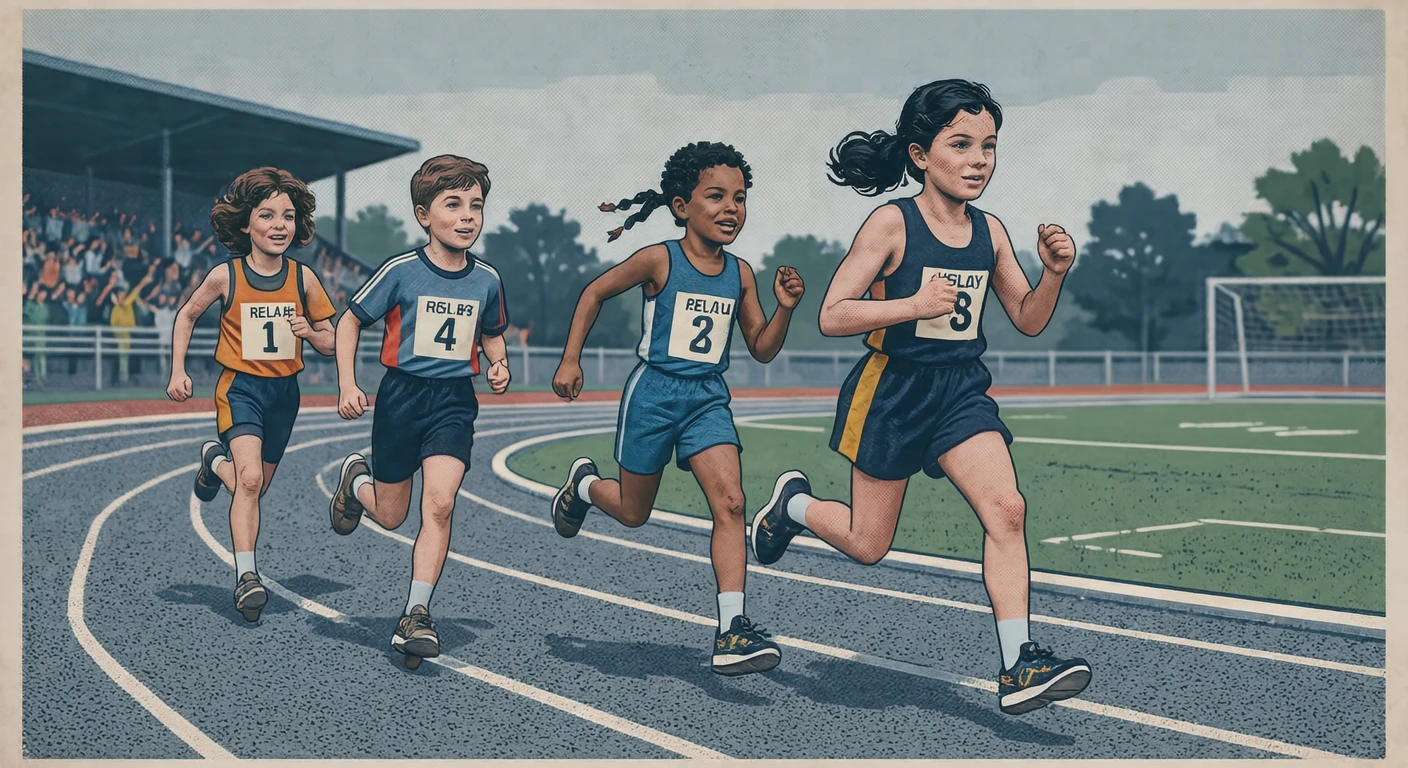 学校の運動会でリレーをする子どもたちのイラスト（レトロ印刷）