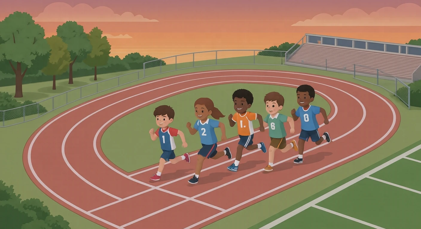 学校の運動会でリレーをする子どもたちのイラスト（アイソメトリック）