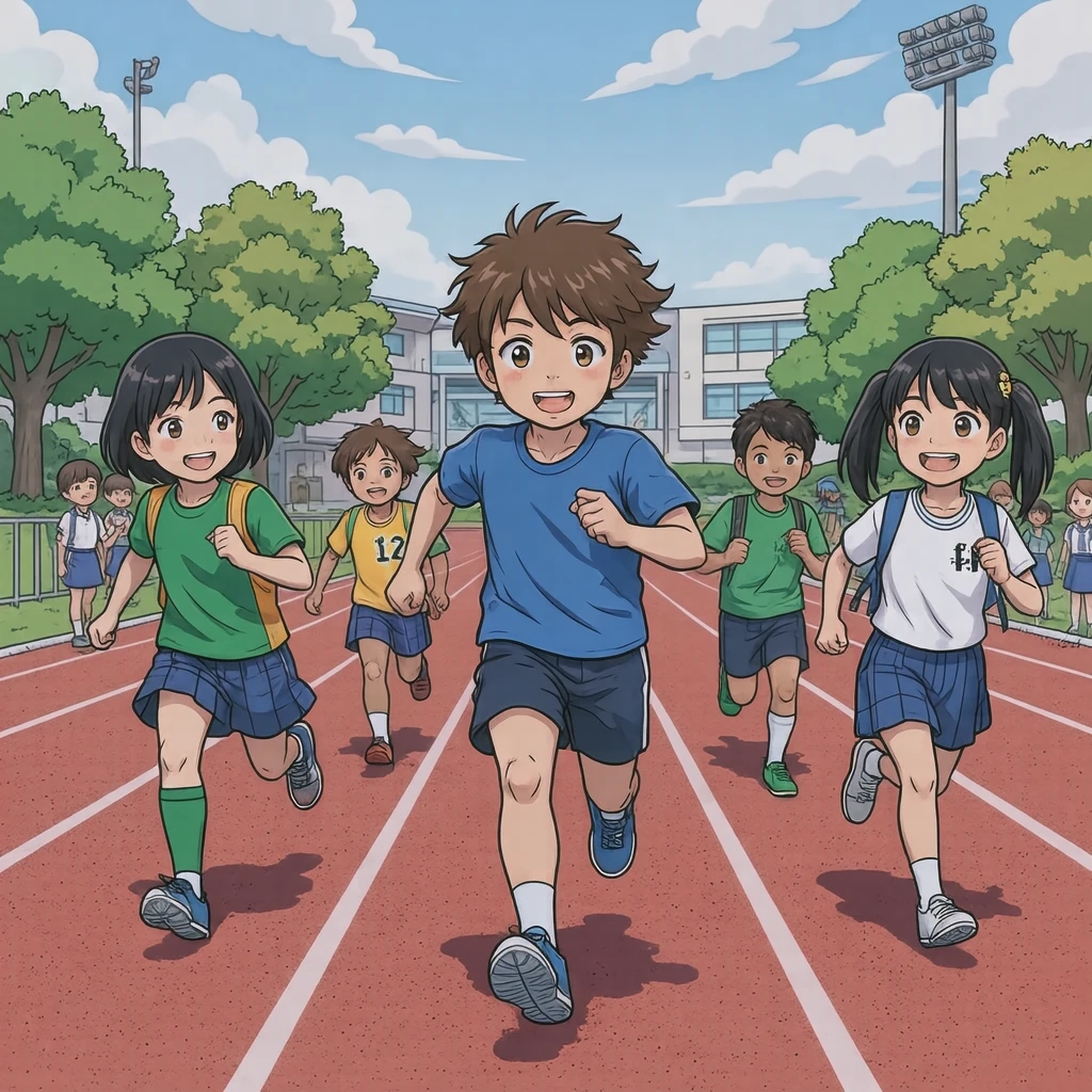 学校の運動会でリレーをする子どもたちのイラスト（アニメ塗り）