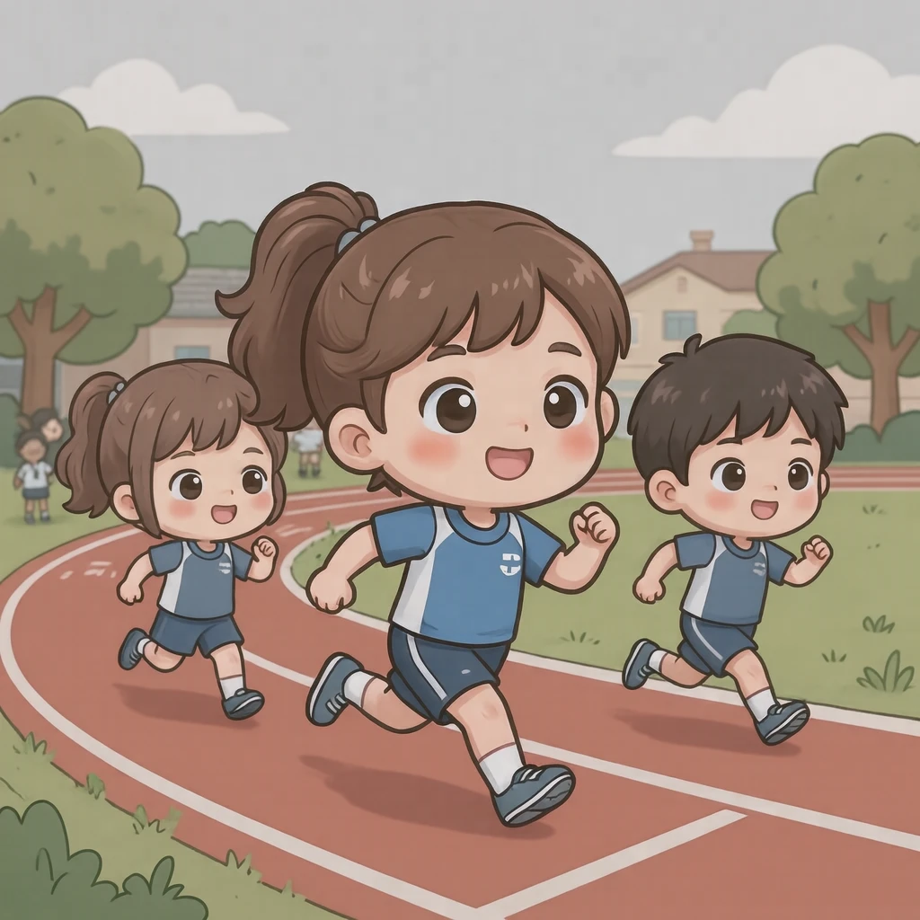 学校の運動会でリレーをする子どもたちのイラスト（デフォルメ）