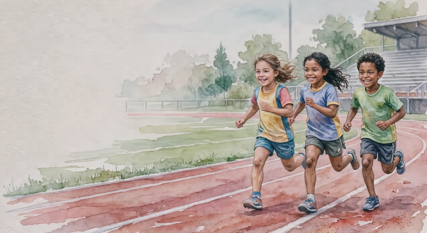 学校の運動会でリレーをする子どもたちのイラスト（水彩）