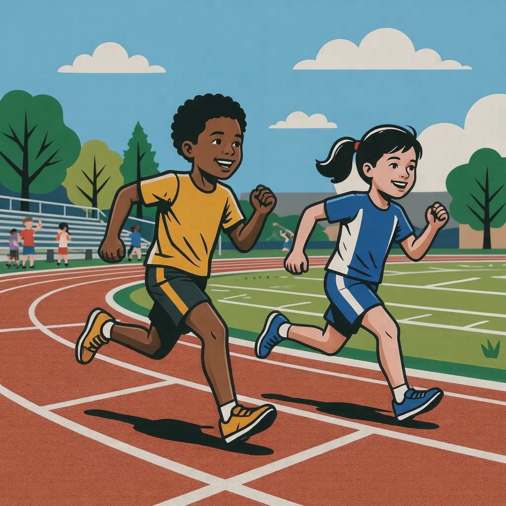 学校の運動会でリレーをする子どもたちのイラスト（グラフィックポスター）