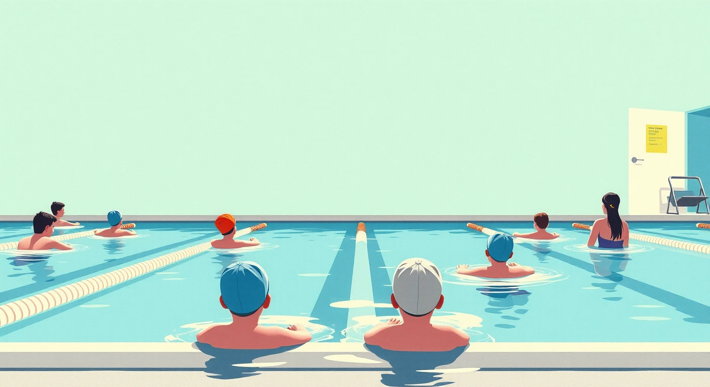 プールで水泳の授業を受ける生徒たちのイラスト