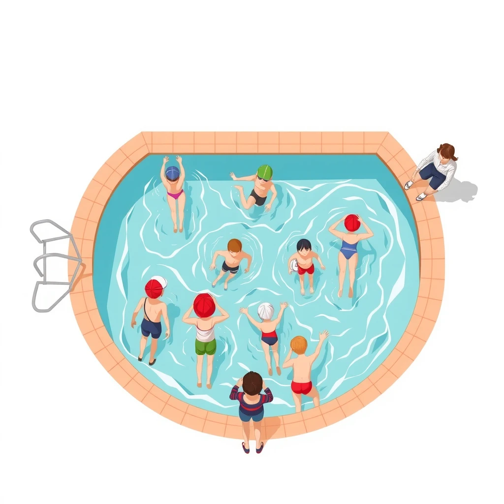 プールで水泳の授業を受ける生徒たちのイラスト
