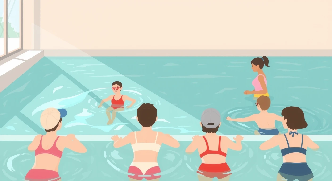 プールで水泳の授業を受ける生徒たちのイラスト