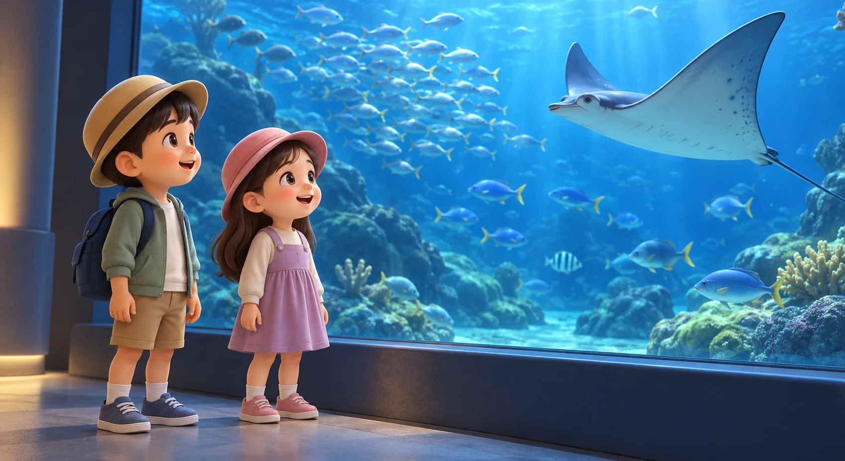 遠足の水族館で大水槽を見る子どもたちのイラスト(ソフト3D)