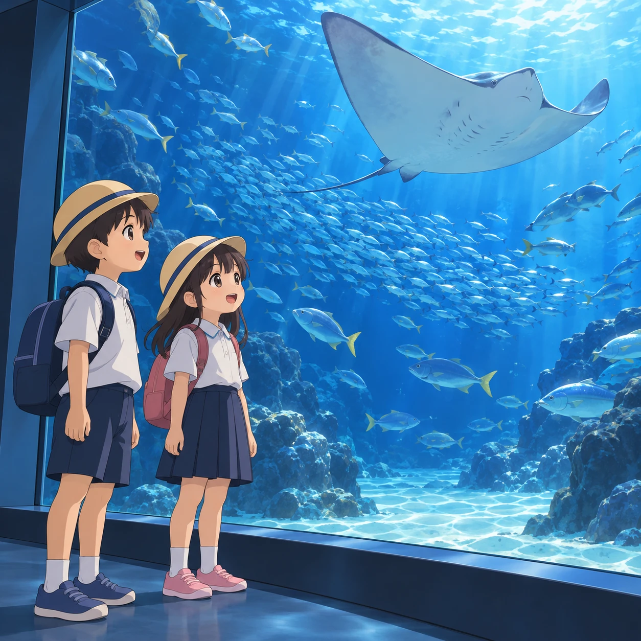 遠足の水族館で大水槽を見る子どもたちのイラスト(アニメ塗り)