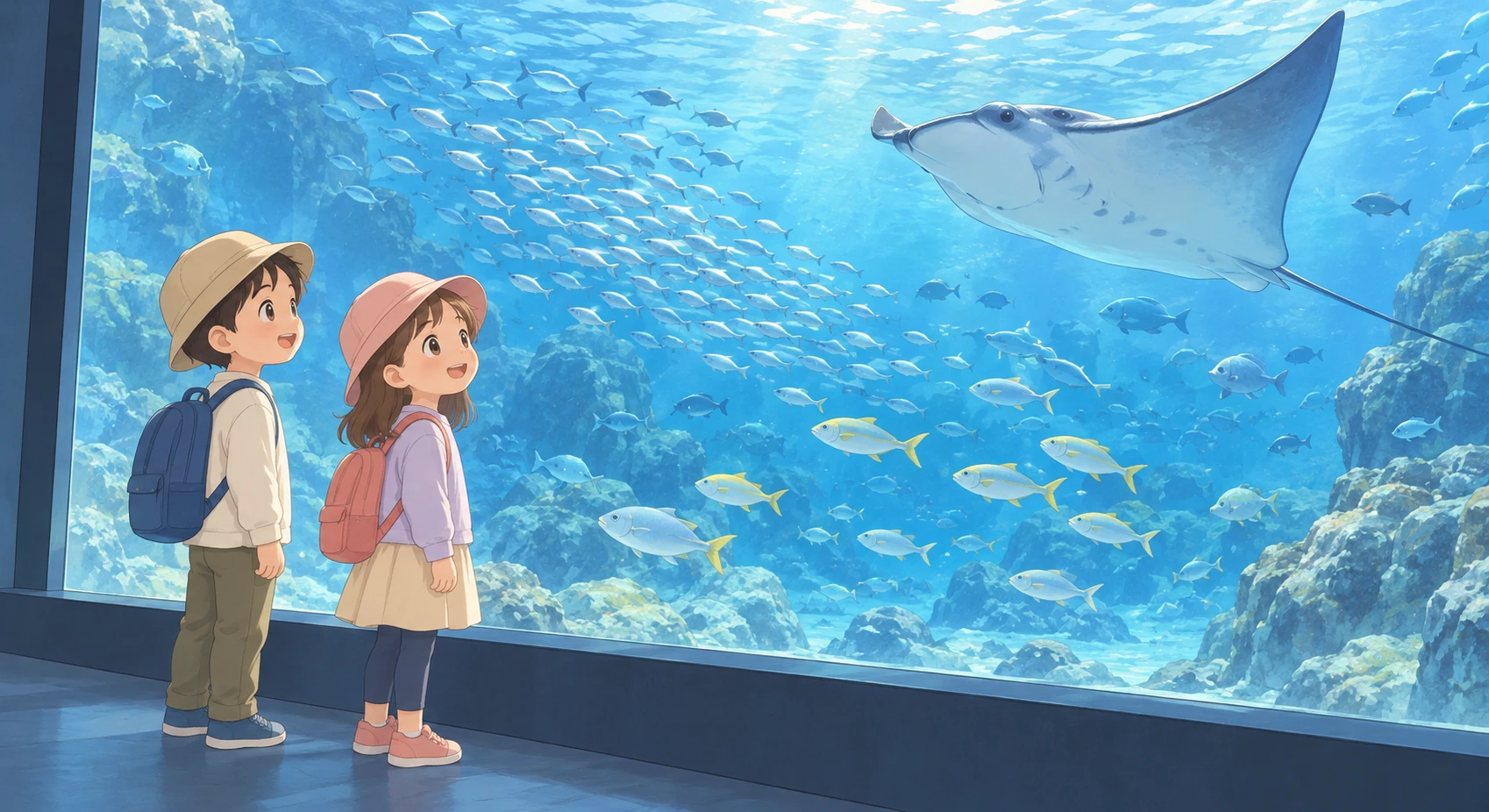 遠足の水族館で大水槽を見る子どもたちのイラスト(ソフトパステル)
