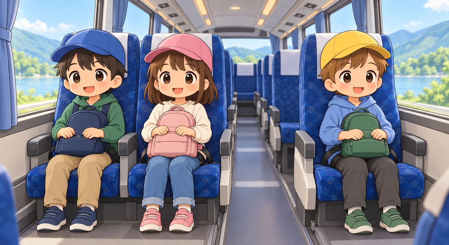 遠足のバスに乗った子どもたちのイラスト(デフォルメ)