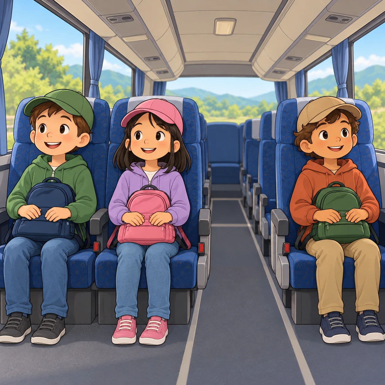 遠足のバスに乗った子どもたちのイラスト(ゆるいイラスト)