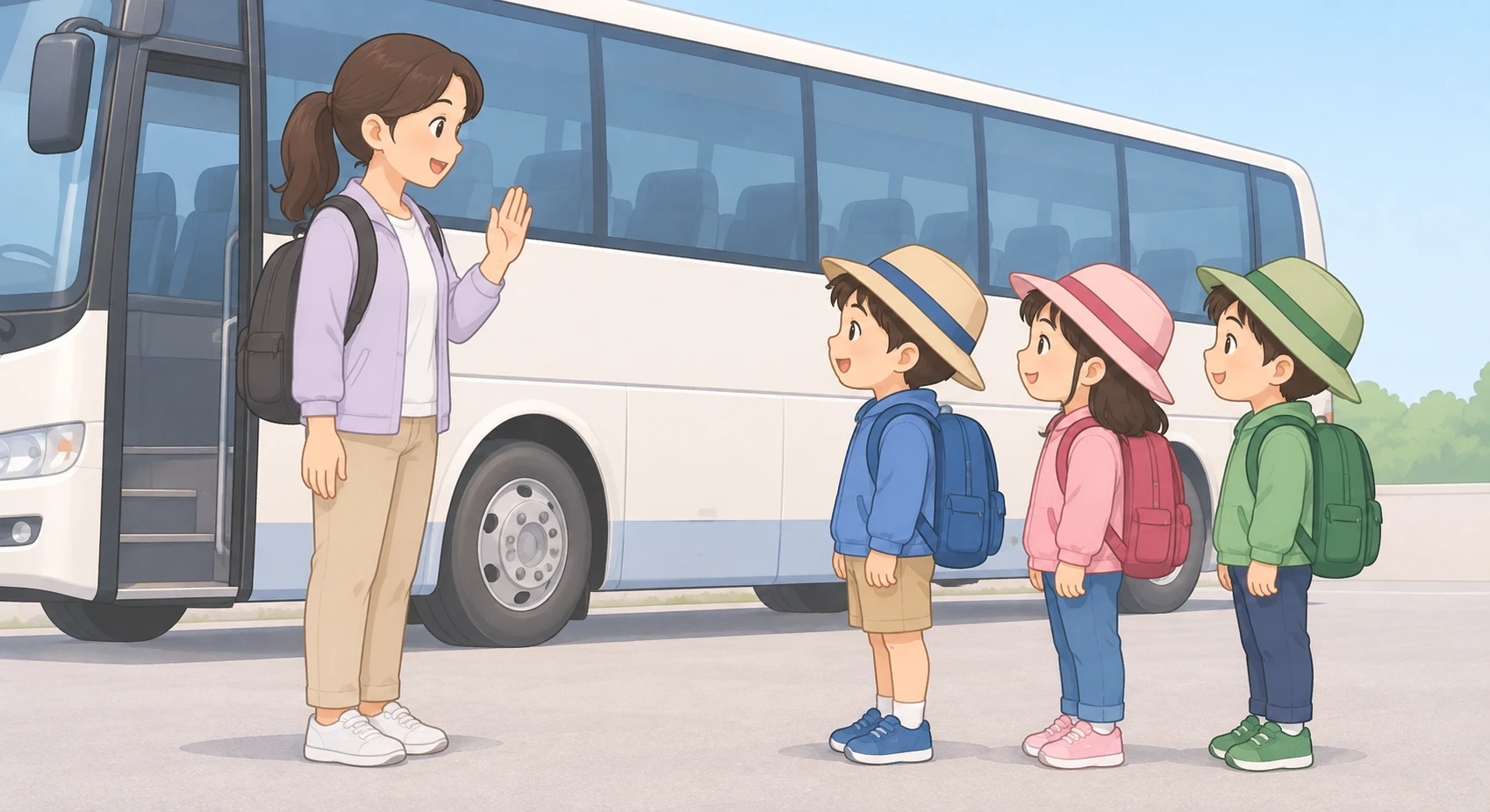 遠足の出発前に先生の前に集まる子どもたちのイラスト(ソフトパステル)