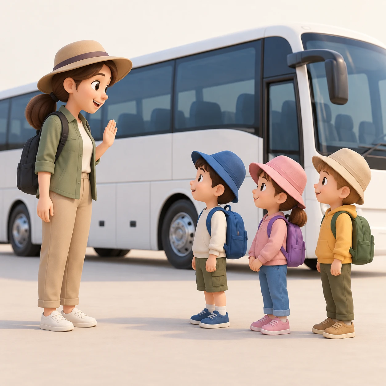 遠足の出発前に先生の前に集まる子どもたちのイラスト(ソフト3D)