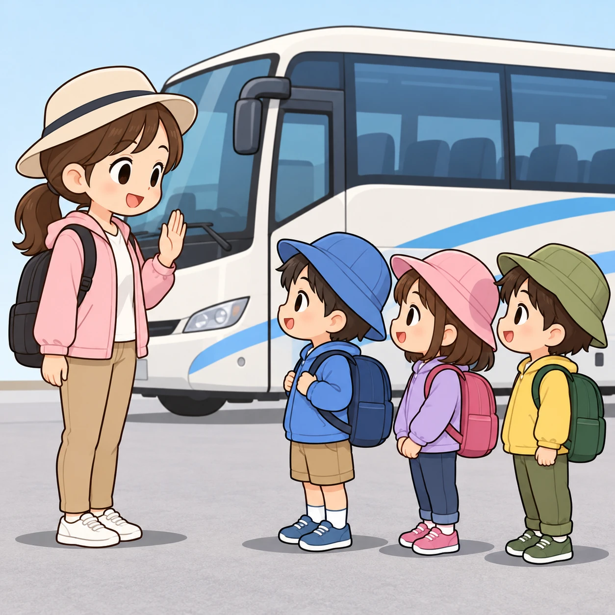 遠足の出発前に先生の前に集まる子どもたちのイラスト(デフォルメ)