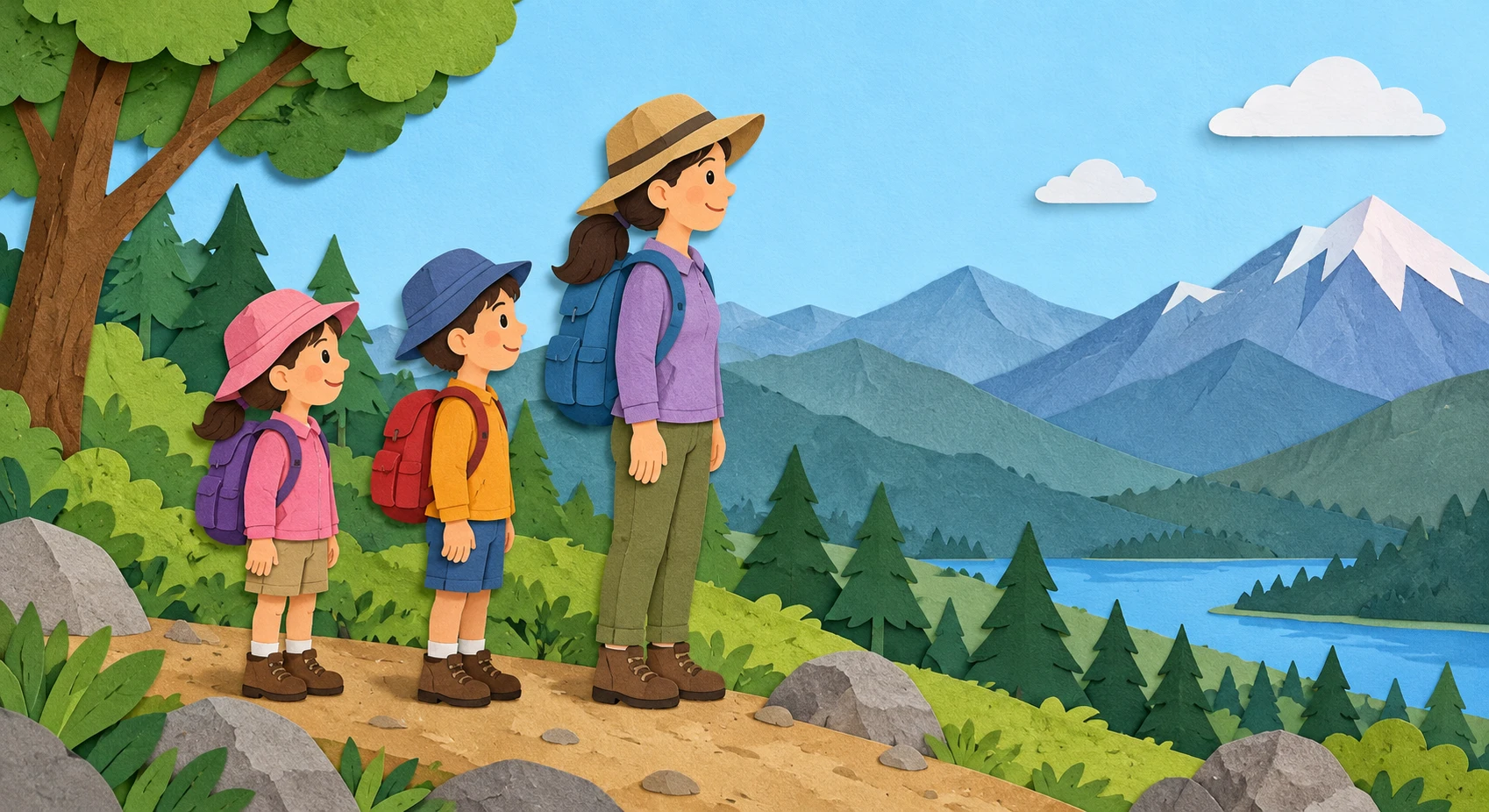 遠足で山道を歩く子どもたちと先生のイラスト(切り絵)