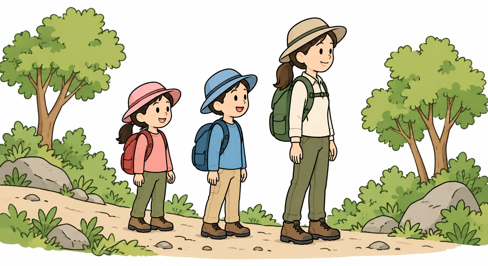 遠足で山道を歩く子どもたちと先生のイラスト(シンプル線画)